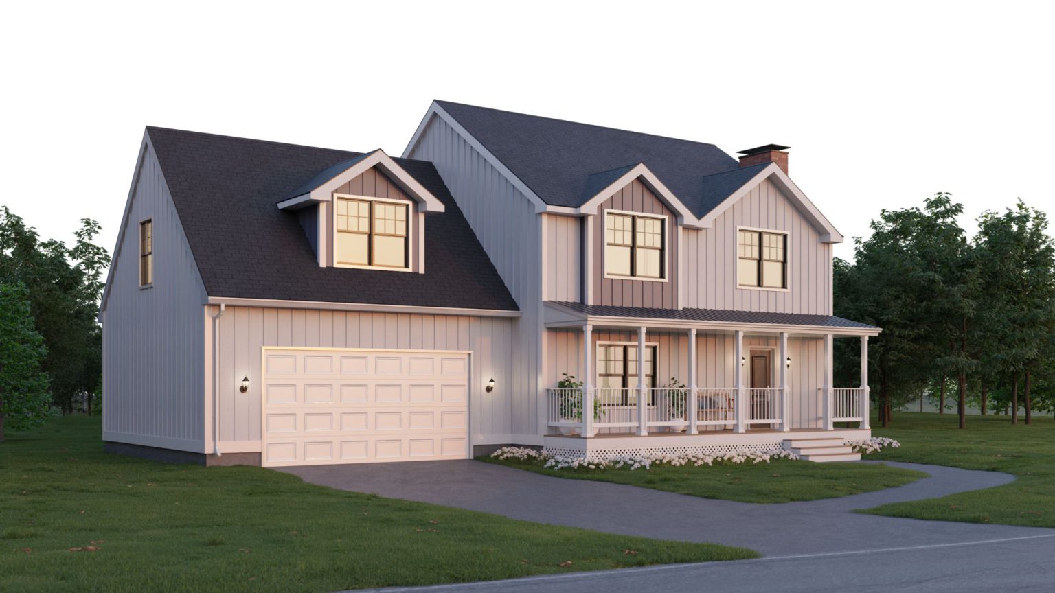 Rendering of a house with board-and-batten siding and a front porch, garage side