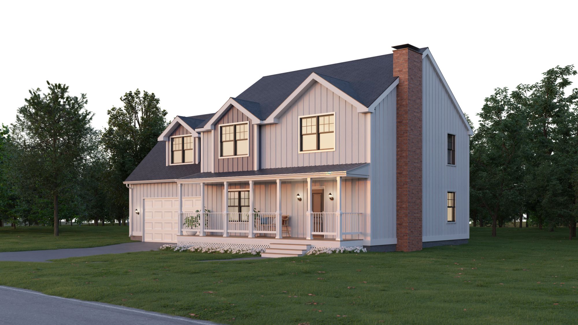 Rendering of a house with board-and-batten siding and a front porch, chimney side