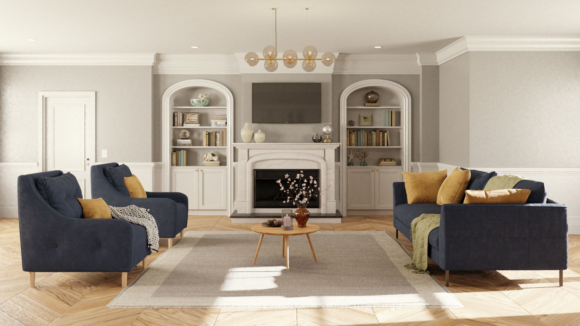 Rendering of a living room with built-in shelving around a fireplace