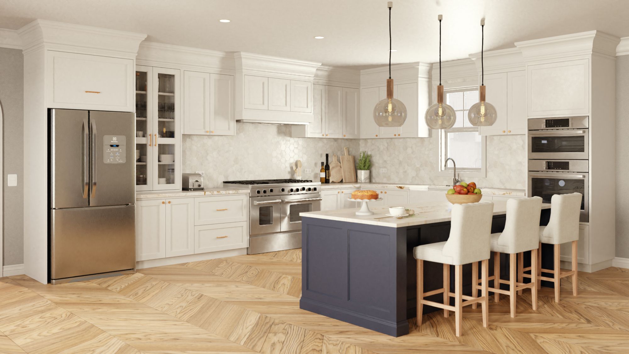 Rendering of a white kitchen with an island and pendant lights