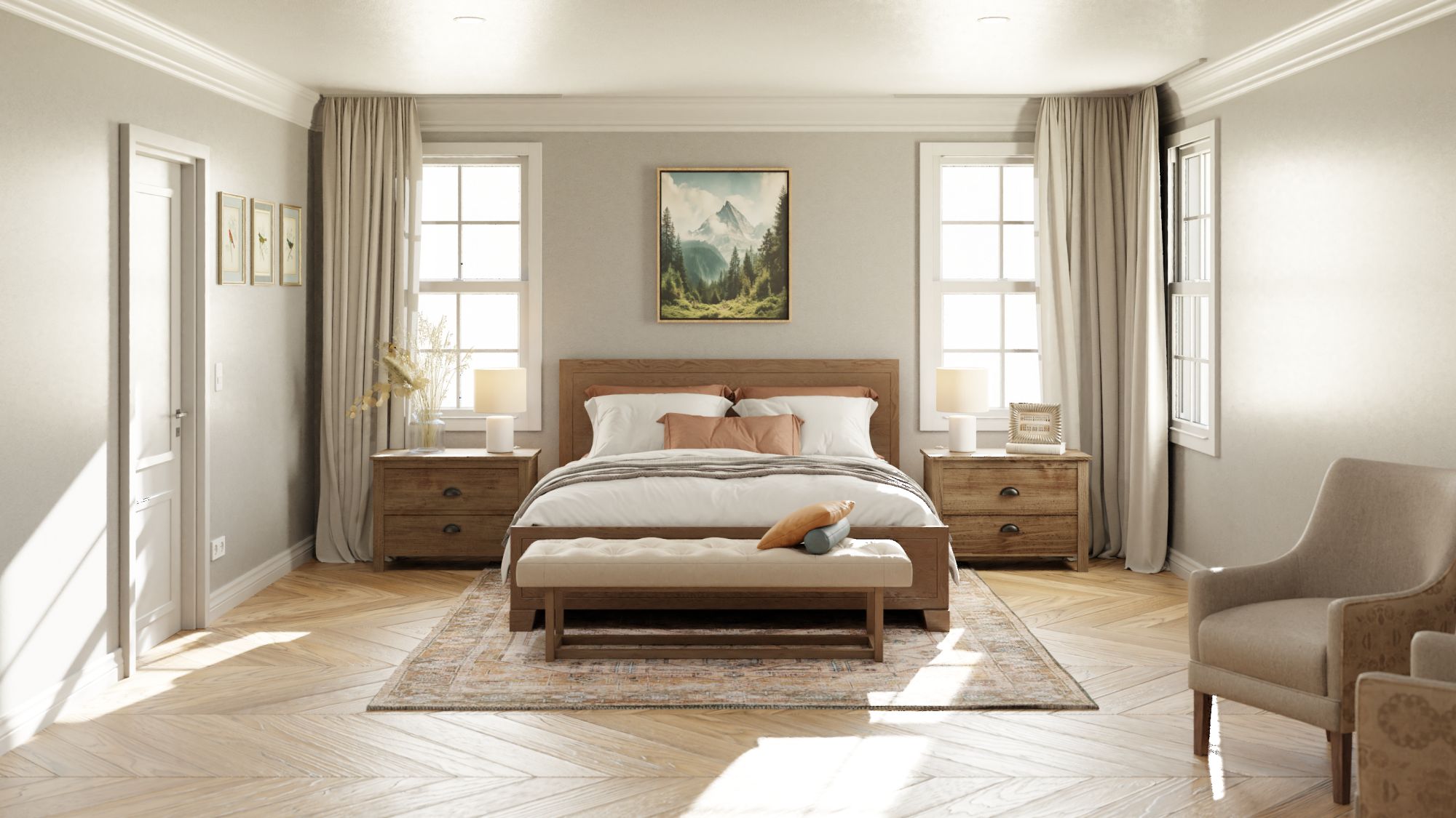 Rendering of a bedroom with two windows