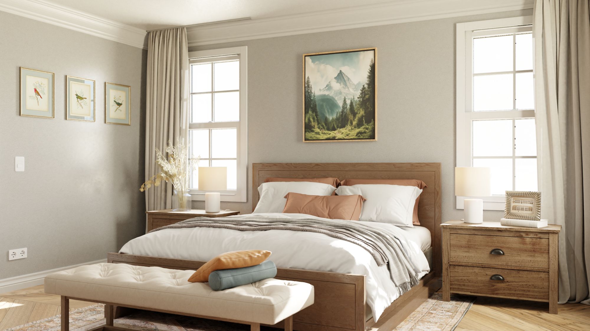 Rendering of a bedroom, view toward the bed