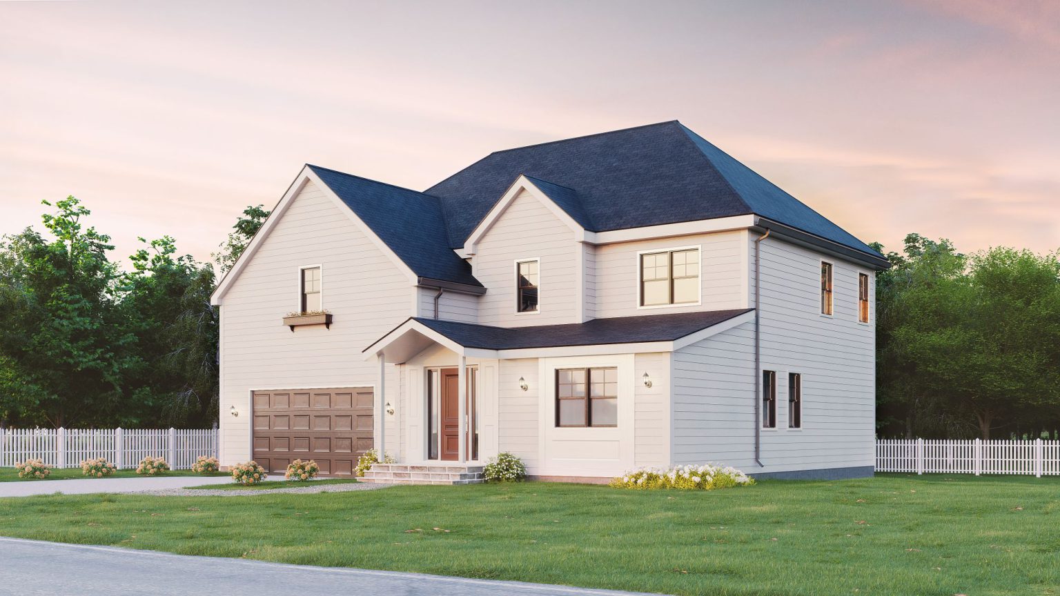 Rendering of a two-storey house at dusk, proposed design