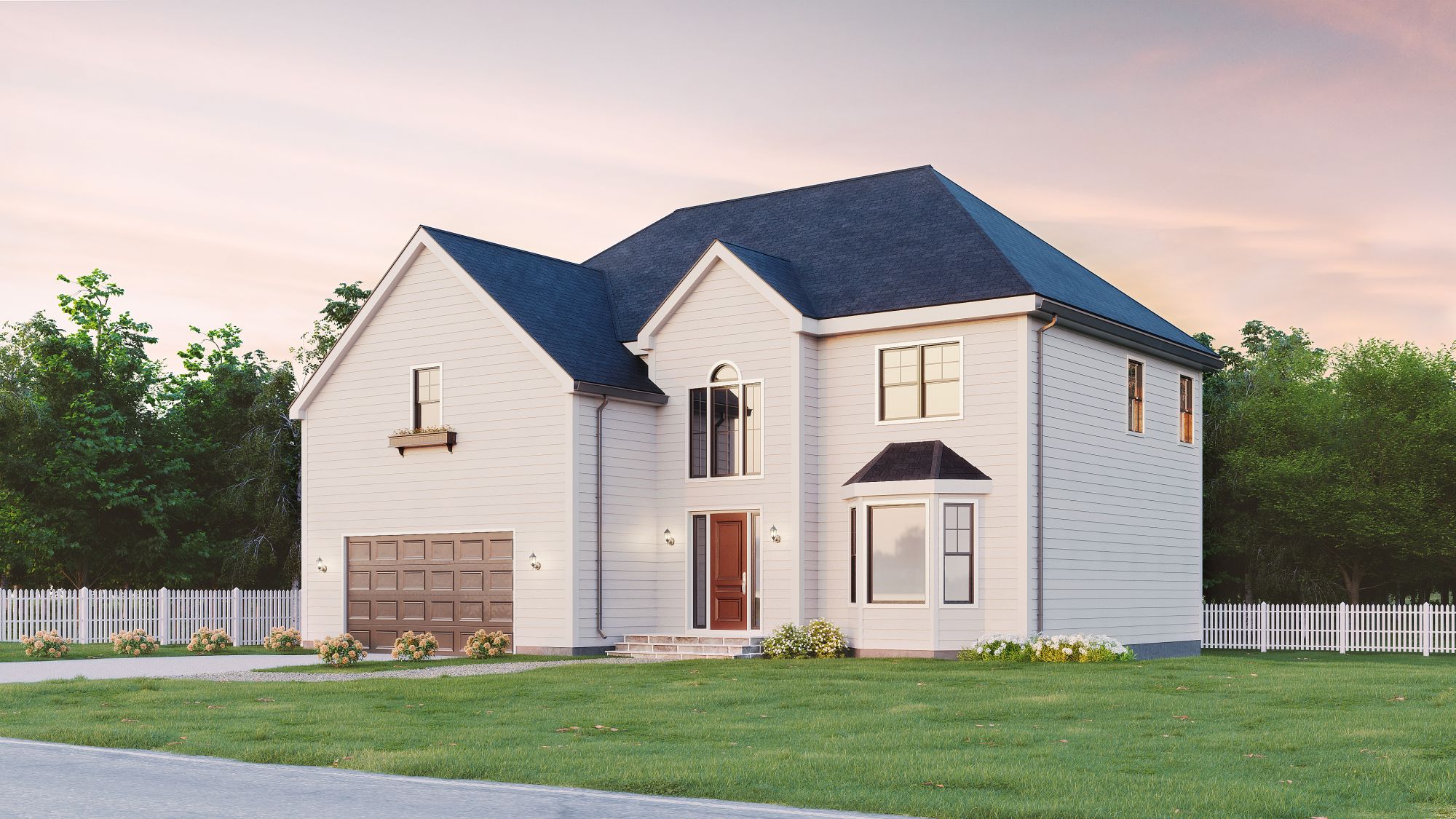 Rendering of a two-storey house at dusk, existing condition