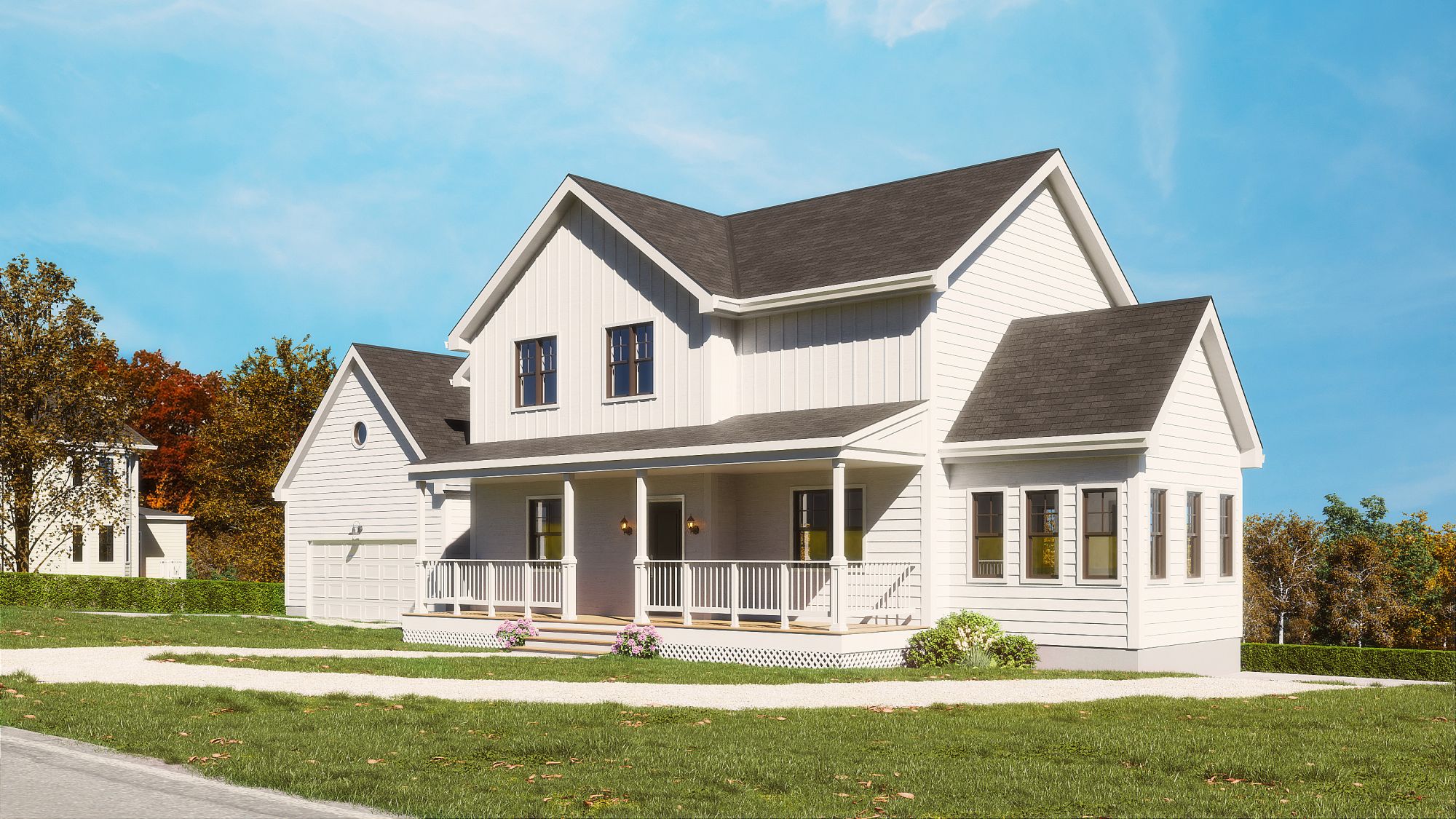 Rendering of a white house with a new front porch, proposed design