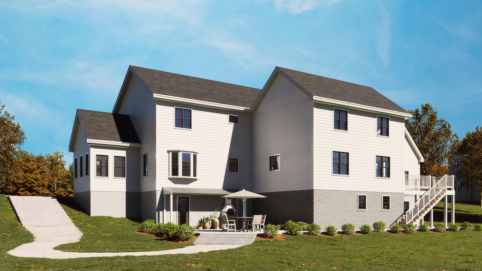 Rendering of the rear of the house with a walk-out lower level, proposed design