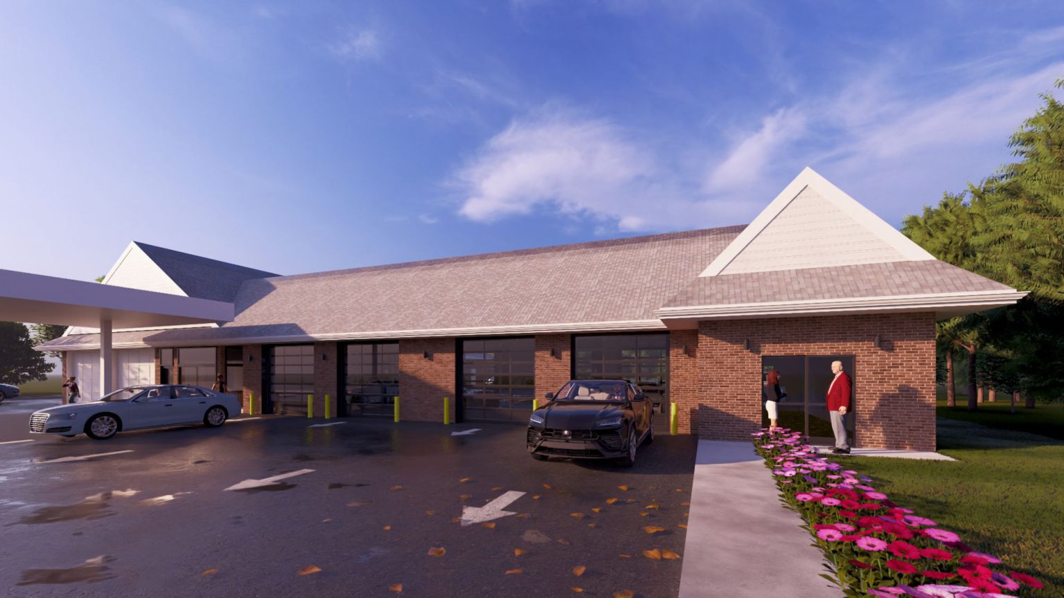Rendering of a single-storey commercial building with service bays, front view