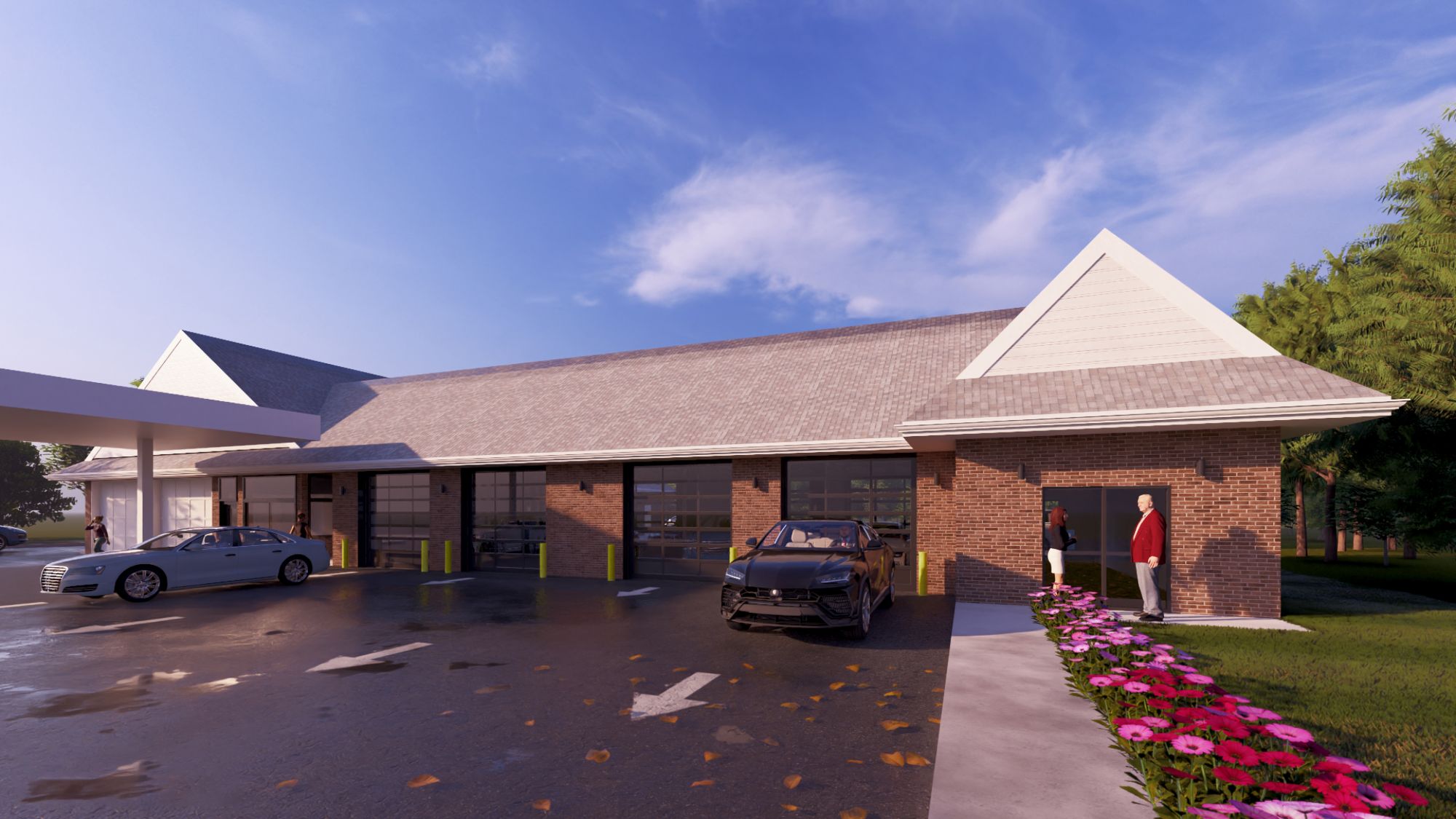 Rendering of a single-storey commercial building with service bays, front view