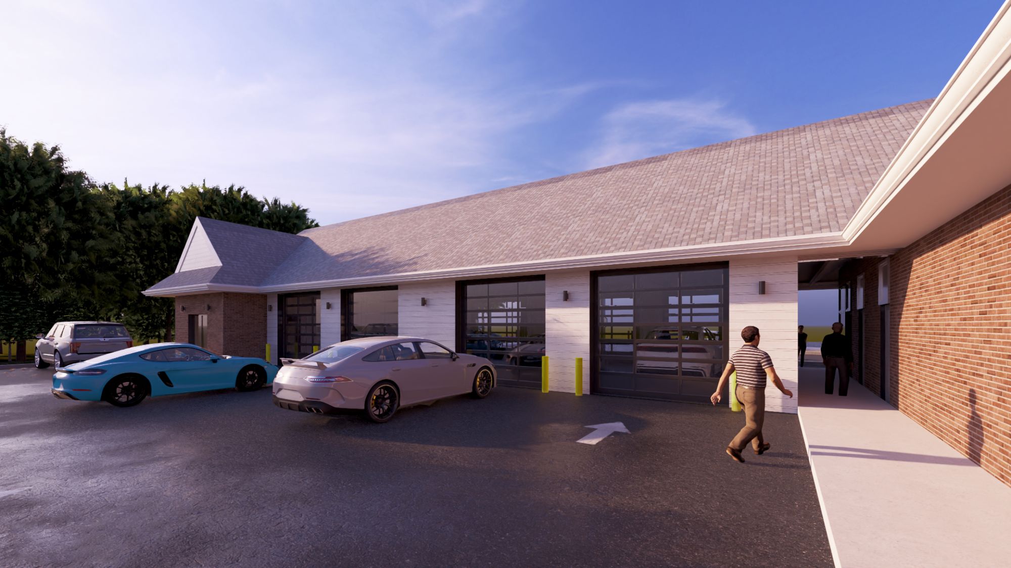 Rendering of the commercial building entrance and parking court