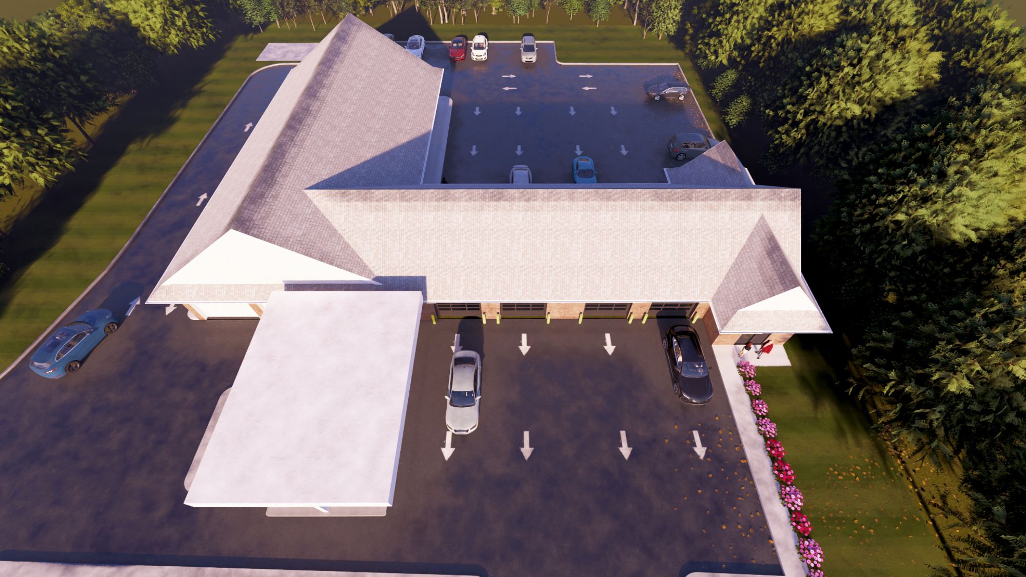Aerial rendering of the commercial building and site